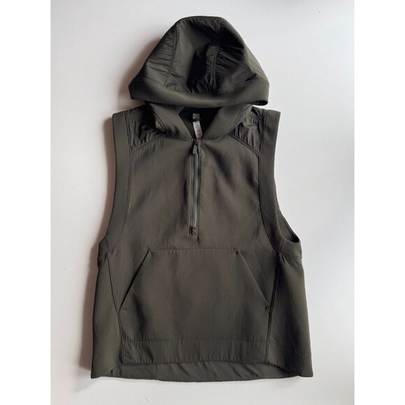 LULULEMON Re-Form Dark Olive Green Stretch Glyde Waterproof Hooded Vest, Size 8 - Picture 9 of 16